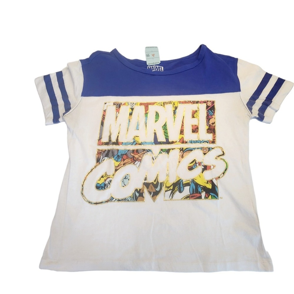Marvel Comics Graphic Ringer Tee - Blue & White Striped Sleeves - Size‎ M